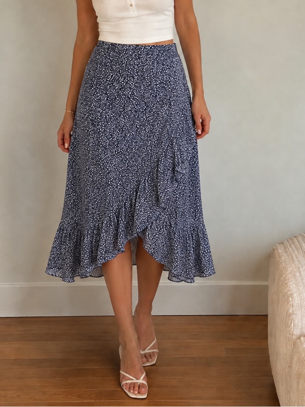ARULA Navy Floral High-Low Ruffle Midi Skirt